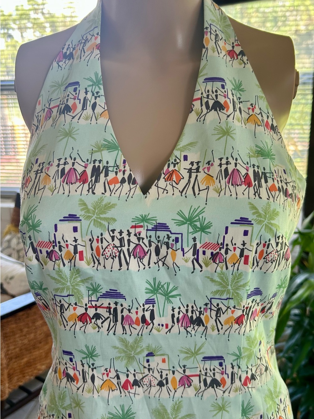 David Meister Mint Halter Dress with Multicolor Village Print